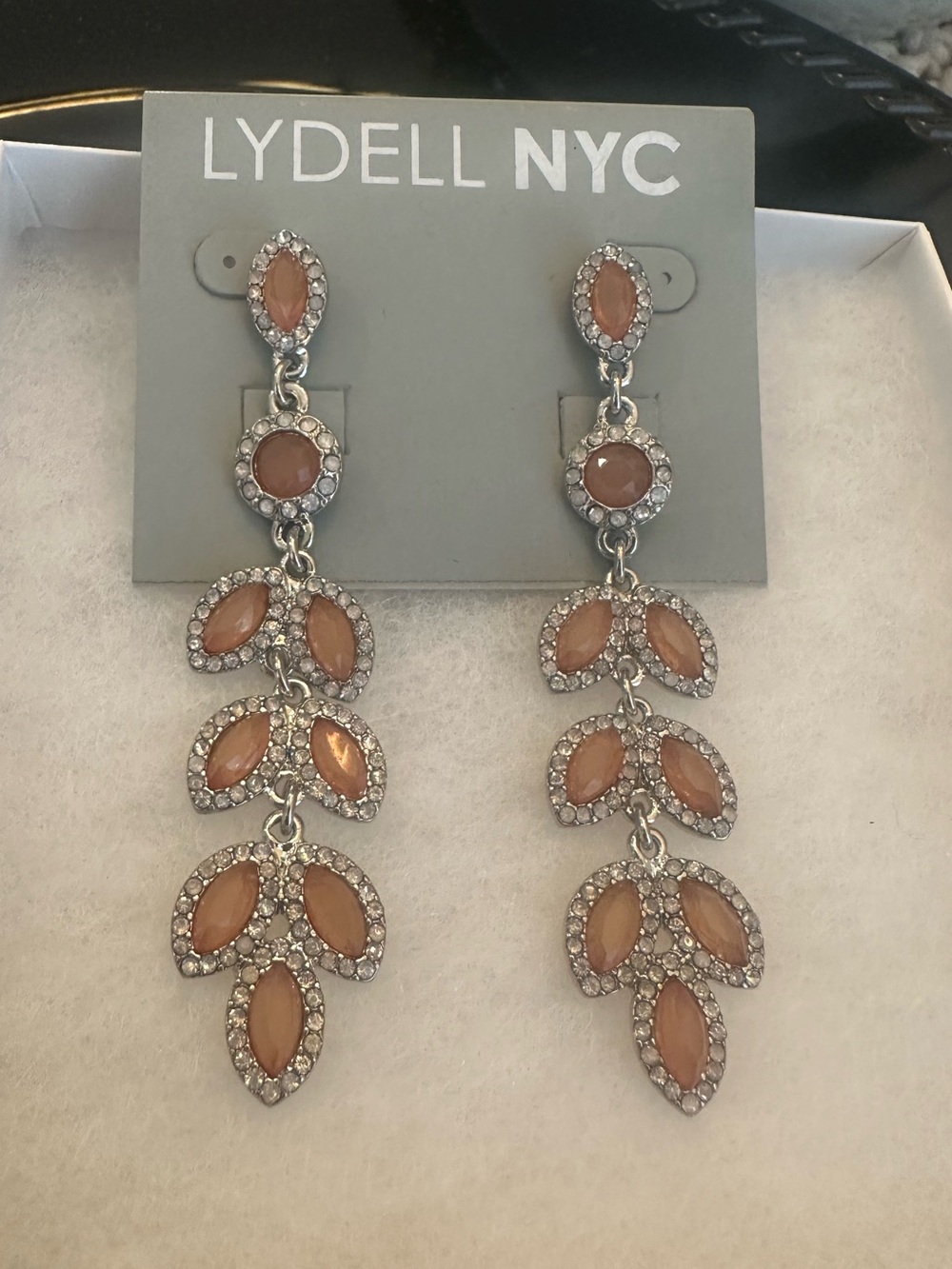 Lydell NYC Peach Rhinestone Cascading Leaf Drop Statement Earrings NWT